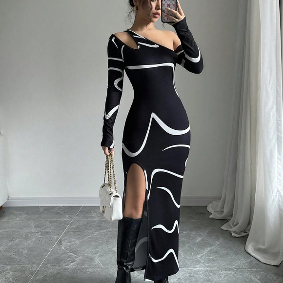  Off Shoulder Fitted Elegant Abstract Graffiti Print Asymmetric Long Sleeve - Picture 1 of 5